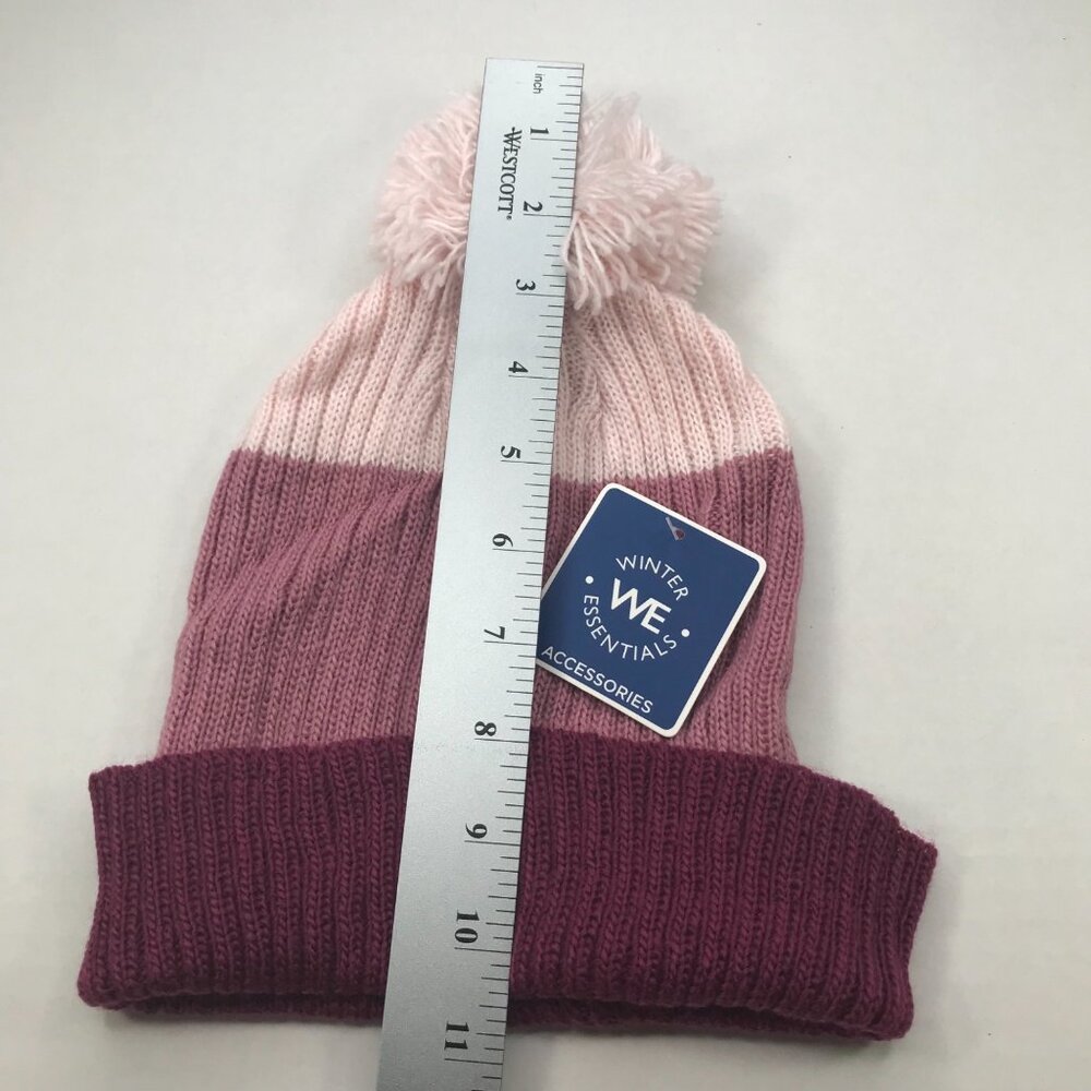 Winter Essentials Women's One Size Burgundy Stripes Knit Beanie Hat With Pom New - Picture 11 of 11